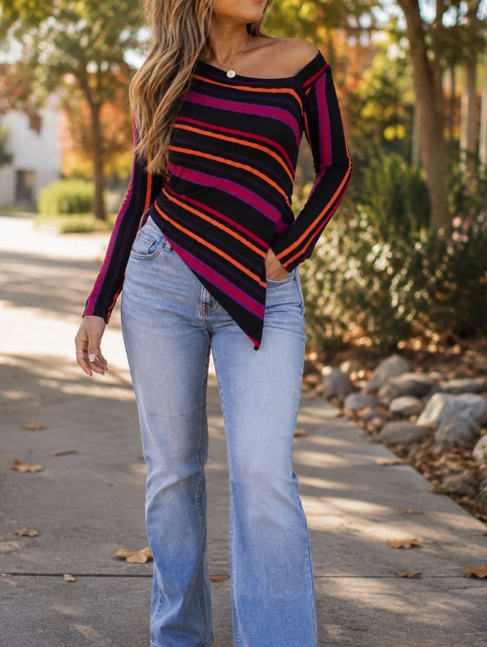 Cartise Black Asymmetric Striped Long Sleeve Stretch Viscose Casual Travel Top